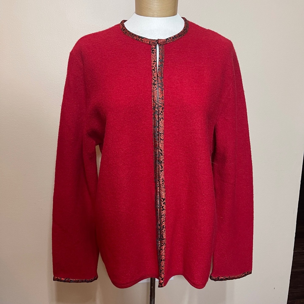Josephine Chaus Red Wool Cardigan Sweater Women's L Textured Trim Hook Eye